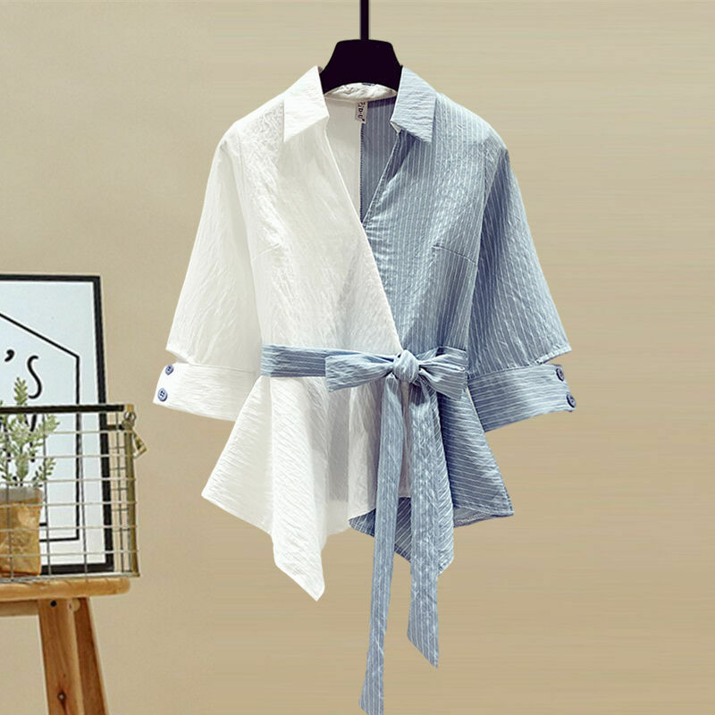 Chemise en mousseline de soie cousue pour femmes, ensemble deux pièces, jean élégant, chemisier décontracté, survêtements pour femmes, été, nouveau, 2022