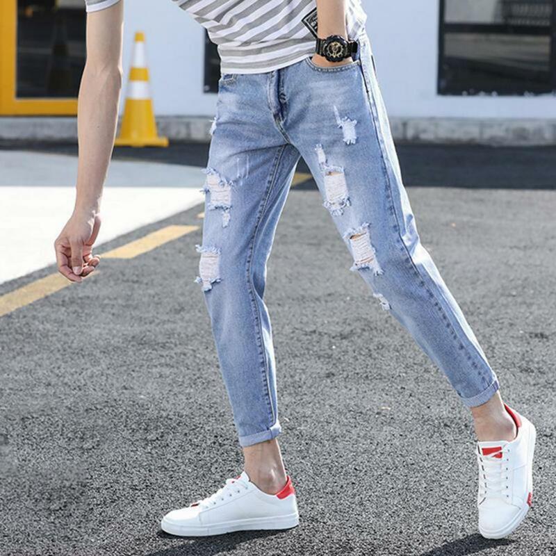 Men Jeans Ripped Holes Slim Fit Denim Pants Denim Trousers Washable Dressing Up  Trendy Ripped Holes Slim Fit Denim Pants
