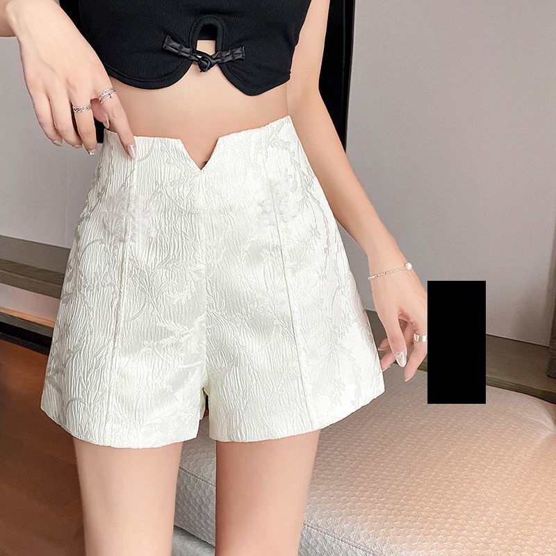 Summer Chinese Style Women High Waisted Slim Beige Black Dobby Flower Shorts , Woman Slim Jacquard Flower Shorts