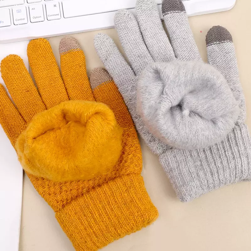 Зимние Утолщенные мягкие перчатки для женщин и мужчин, теплые эластичные вязаные варежки, перчатки из искусственной шерсти с закрытыми пальцами, женские вязаные перчатки для велоспорта