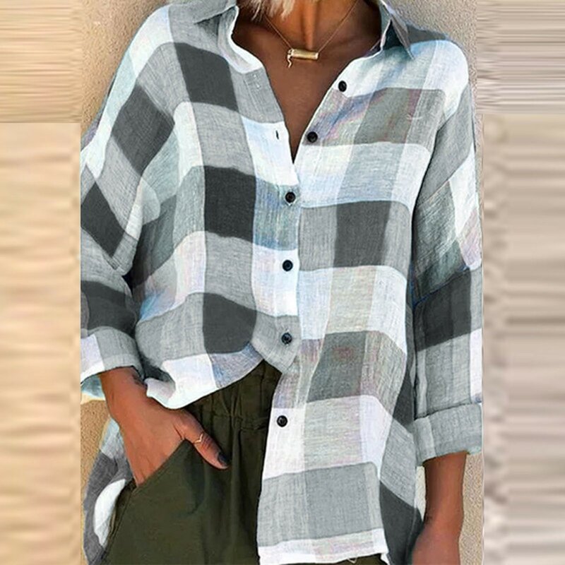 Camisa de gola virada para baixo de manga comprida feminina, linho algodão, blusas de botão, solta, checada, estampada, casual, elegante