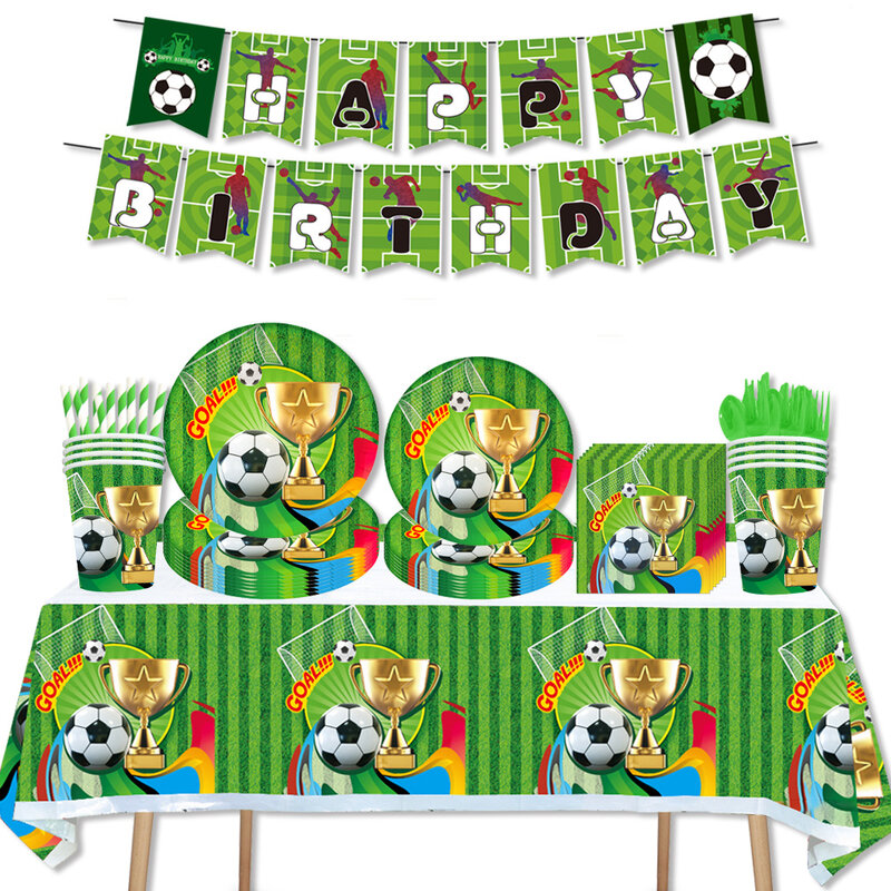 Sepak bola sepak bola dekorasi pesta ulang tahun anak laki-laki peralatan makan sekali pakai balon piring taplak meja anak-anak perlengkapan pesta mandi bayi