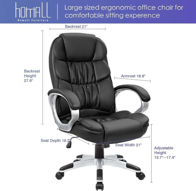 Homall 사무실 의자, 높은 등받이 컴퓨터 책상 의자, PU 가죽, 높이 조절 가능, 패딩 포함 모던 이그제큐티브 회전 작업 의자