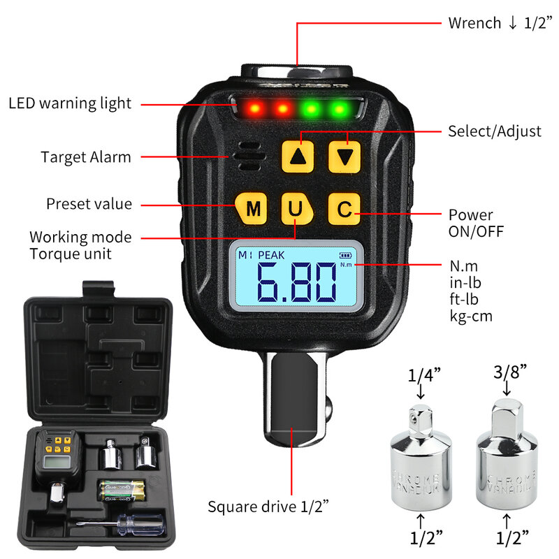 Adaptor Torsi Digital 1. 5-340n. m, 1/2 kunci pas torsi elektronik dapat disesuaikan, alat perbaikan kunci sepeda motor mobil
