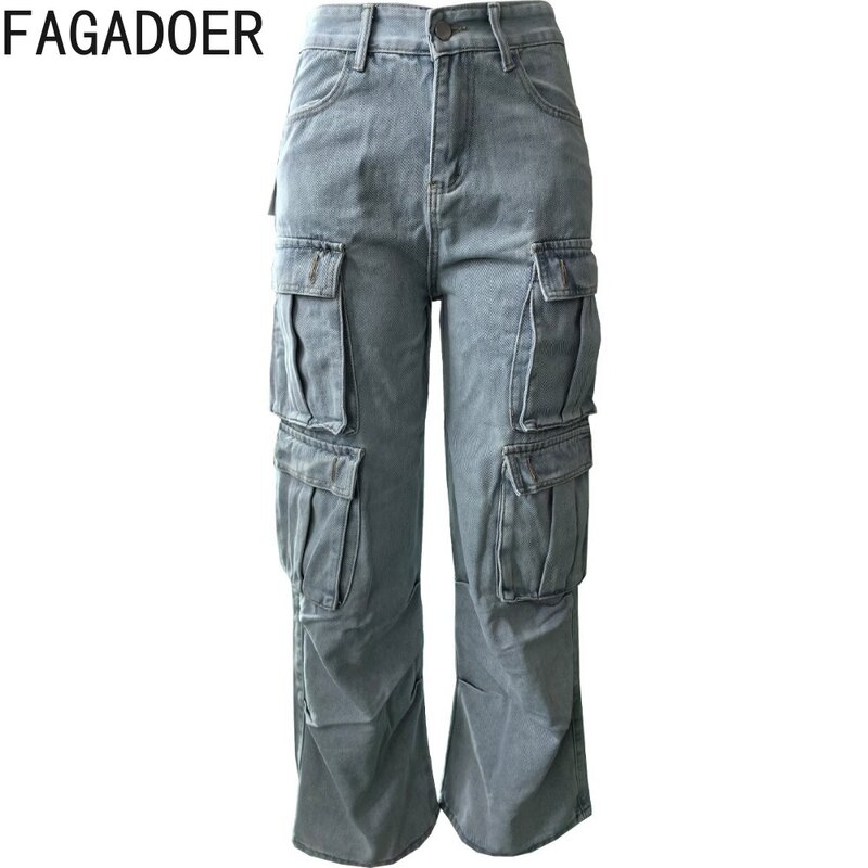FAGADOER Fashion Denim Pocket Cargo Wide Leg Pants Women High Waisted Button Straight Jean Trousers Female Cowboy Bottoms 2024