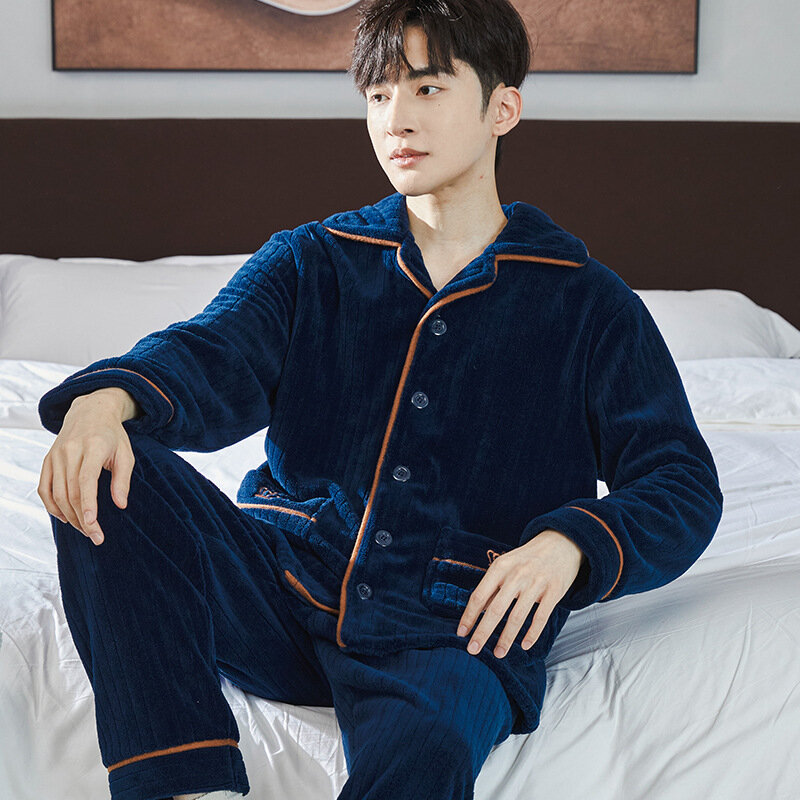 Men Warm Flannel Autumn Winter Pajamas Turn-down Collar Long-sleeved Trousers Two-piece Set Loose Comfortable Sleepwear Suit