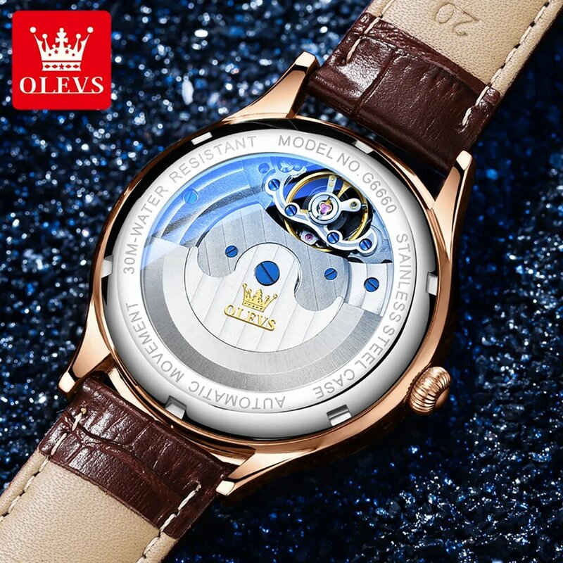 OLEVS Luxury Men's Watches Textured Case Waterproof Fully Automatic Mechanical Watch Luminous Moon Phase Hollow Out Wristwatch