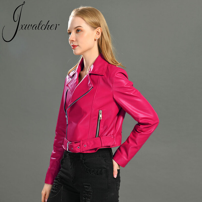 Jxwatcher Women Real Leather Jacket Autumn Cool Style Short Motorcycle Jacket with Belt Genuine Sheepskin Classic Jackets