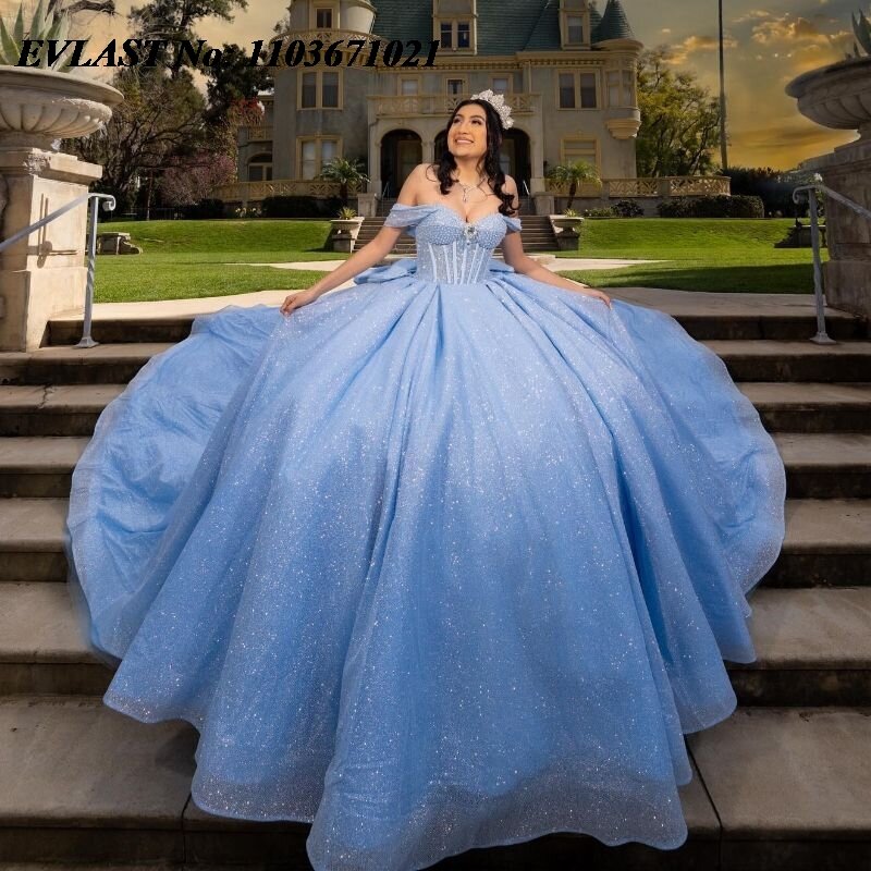 EVLAST Shiny Blue Quinceanera Dress Ball Gown Lace Applique Beaded Crystal Tiered With Bow Sweet 16 Vestidos De XV 15 Anos SQ153