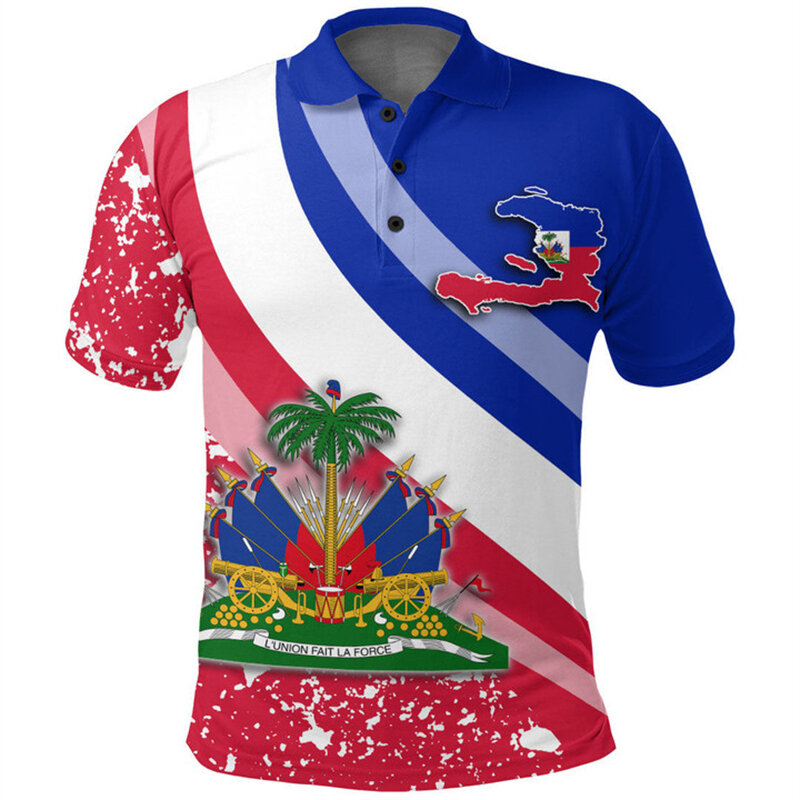 Kaus Polo Emblem bendera nasional pulau Haiti cetak 3d baru mode musim panas kaus Polo kasual pria Y2k atasan kaus kualitas tinggi