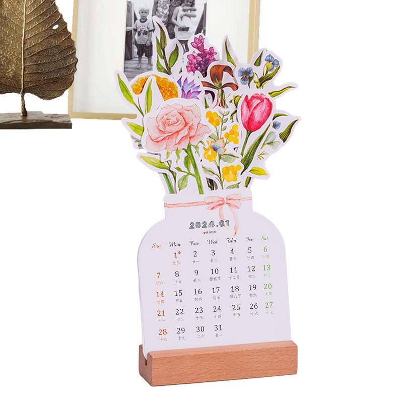 Calendario de flores de escritorio, diseño de florero novedoso, soporte de madera, Memo mensual, adornos temáticos de flores, calendarios de mesa para