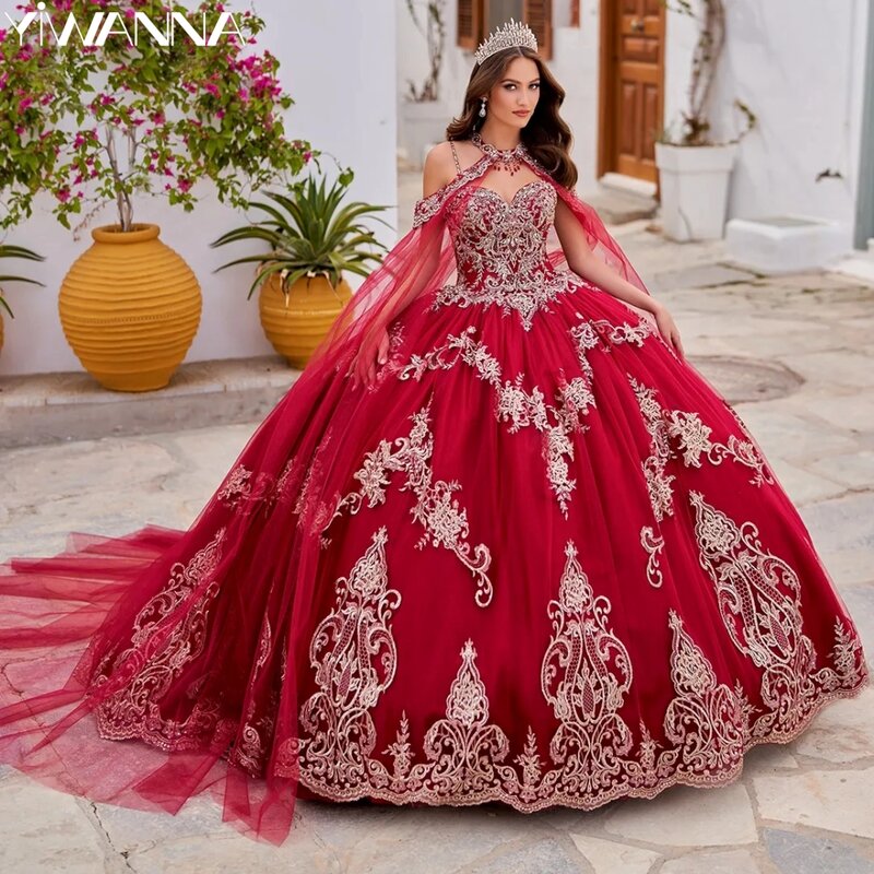 Vestidos de baile Quinceanera com capa, apliques costuradas à mão, lantejoulas brilhantes, princesa vermelha, vestido longo e doce de 16