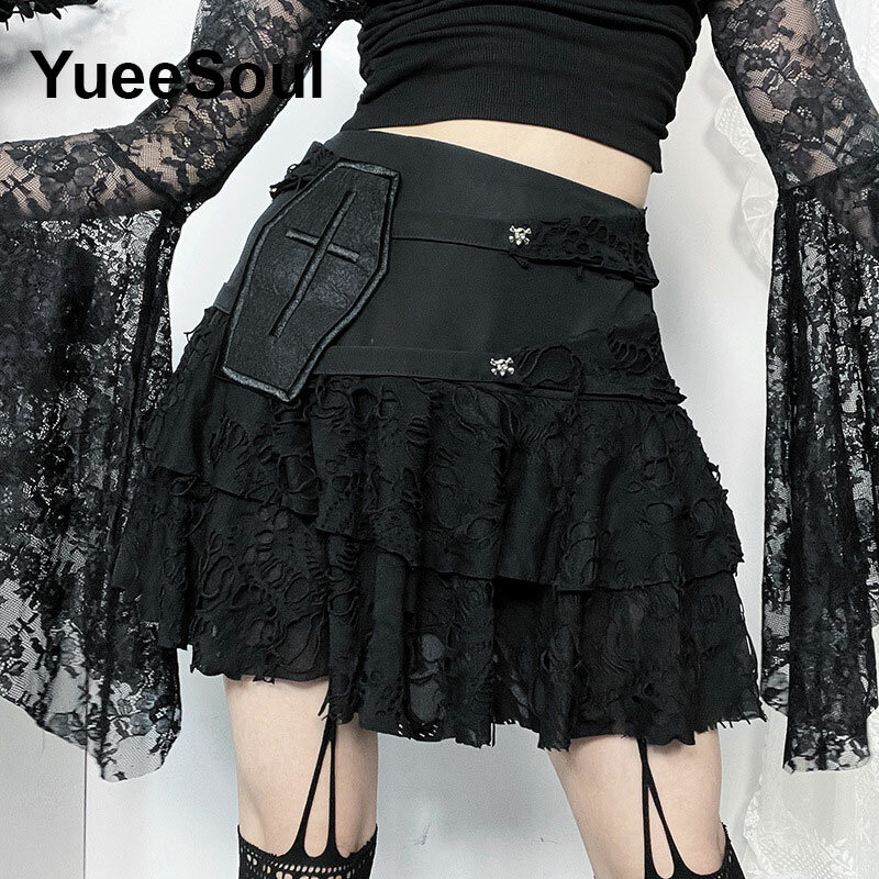 Mini-saia gótica de cintura alta feminina, preta, estilo Y2K, Harajuku, punk, gótica, escura, grunge, streetwear, roupas femininas, novo, 2021