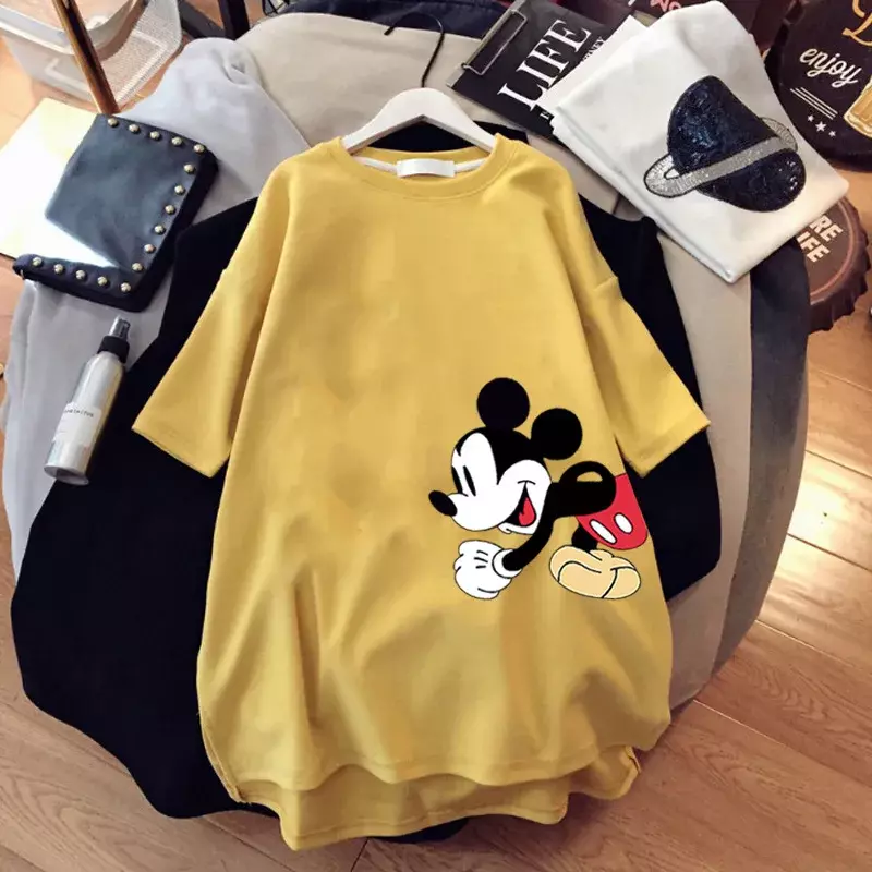 T-shirt Disney topolino T-shirt estiva a maniche corte a media lunghezza da cartone animato nuovo Top a mezza manica allentato topolino da donna