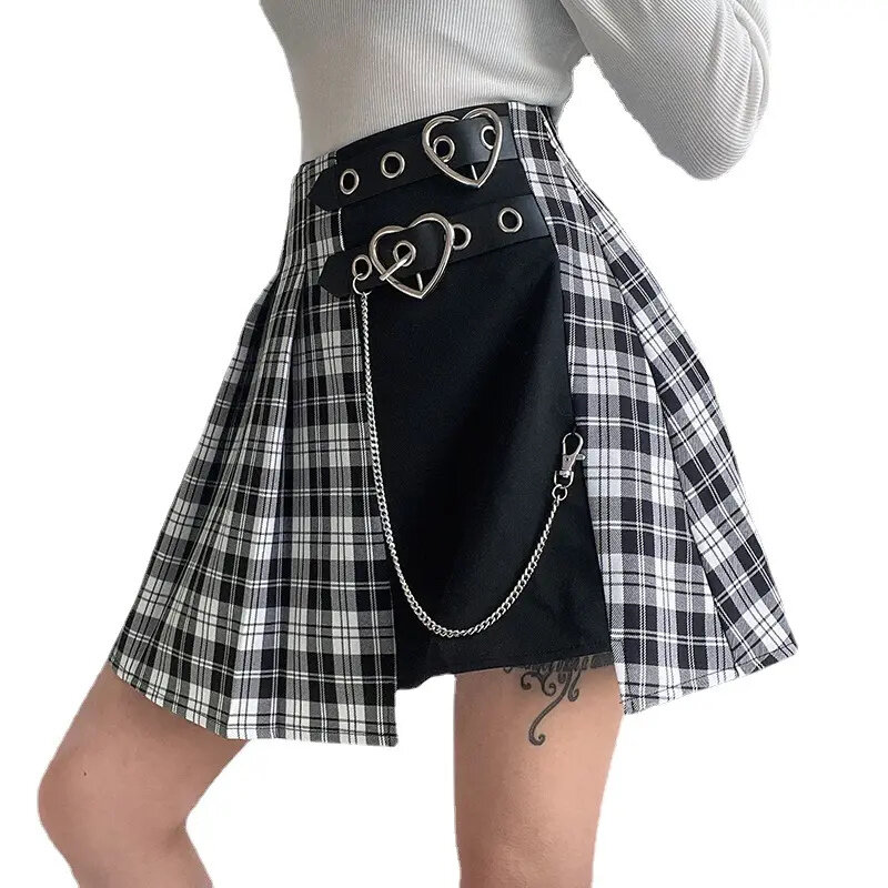 Женская короткая юбка в клетку, необычная асимметричная сексуальная юбка с высокой талией и прострочкой цепей, юбки для женщин