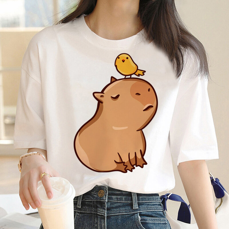Capybara-Camiseta Kawaii para niñas, ropa Harajuku, moda de verano, camiseta blanca de manga corta