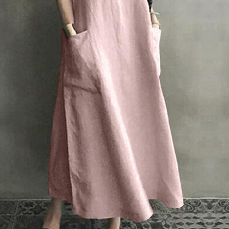Letnia sukienka damska V Neck Luźne krótkie rękawy Kieszenie do kostek Duży dół Vintage Pullover vestidos largos