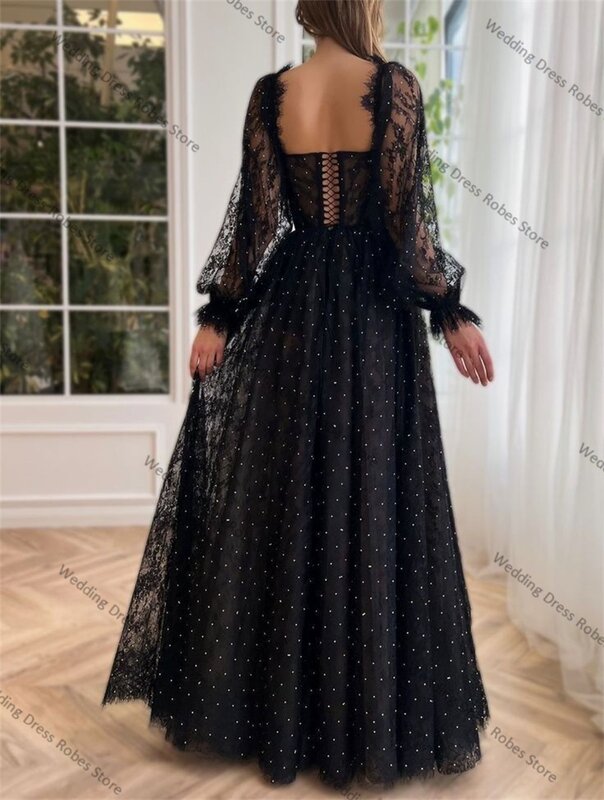 Black Lace Women Prom Dress Beaded Princess Wedding Dresses Sexy Sweetheart Full Sleeve Lace Up Back Custom Made Party Robes