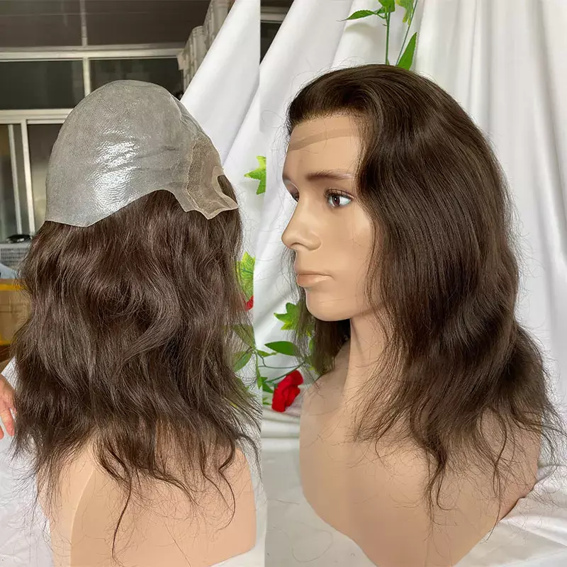 Custom Pruiken Zwitserse Lace Front Met Pu Terug Menselijk Haar Pruik Toupetje Voor Mannen 12Inch Lange Toupet Haar Wigs180 % Dichtheid 12.5X13.5inch