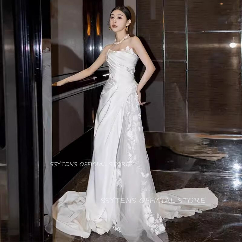 Sexy Silk Satin Korea Mermaid Wedding Dresses Strapless Formal Party Dress Appliques Lace High Split Stretch Custom Wedding Gown