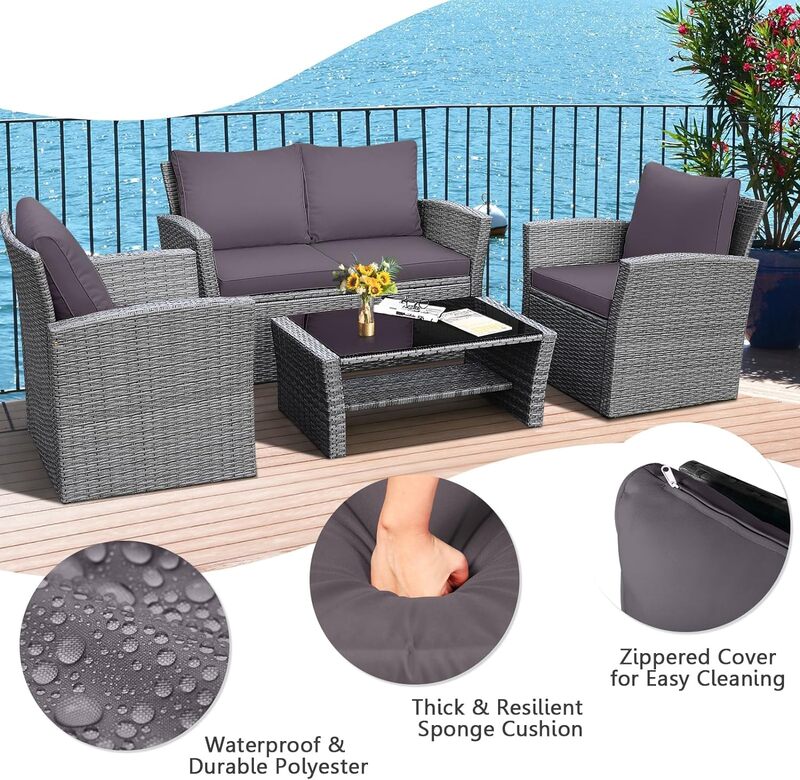 4 Pieces Patio Furniture Sets, Outdoor PE Rattan Conversation Set w/Loveseat, Glass Coffee Table, Cushions, Wicker Sofa Set