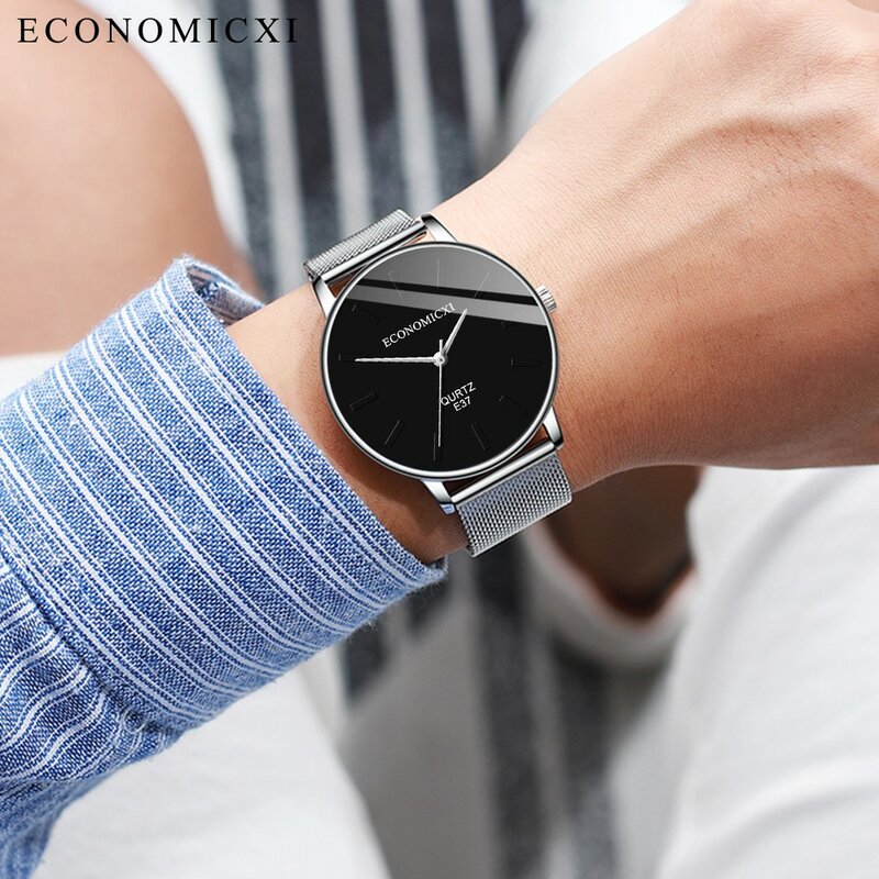 Simples Moda Relógios Masculinos Simples Round Dial Watch Stainless Steel Strap Casual Relógio de pulso Waterproof Dial Relógio Armbanduhr