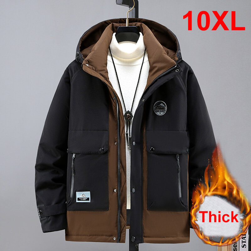 Jaqueta para baixo cargo grossa quente masculina, casaco casual de inverno, jaquetas masculinas na moda, retalhos, plus size 10XL, masculino