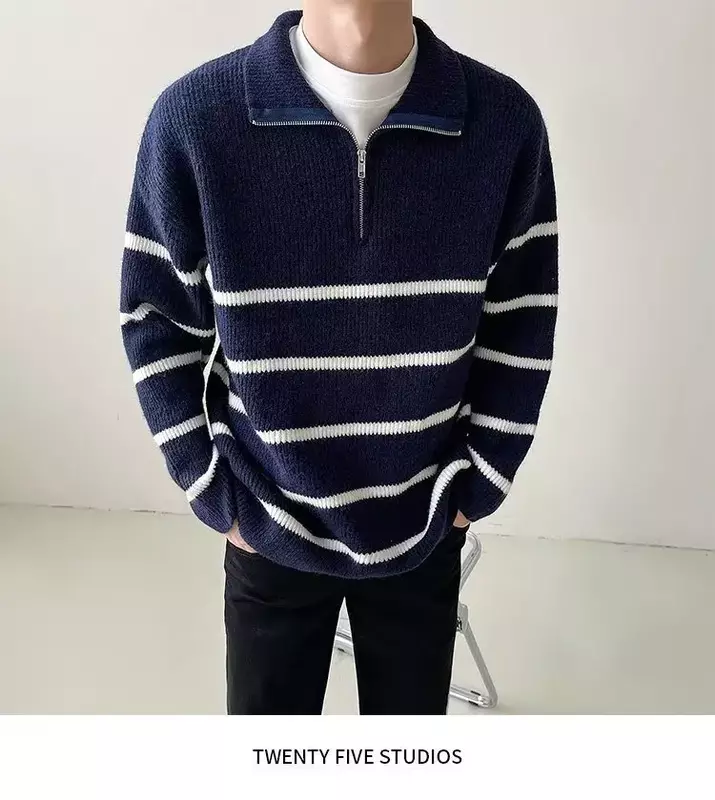 Camisola de retalho de malha masculina, gola alta coreana, manga comprida, camisola solta com zíper, textura elegante luxuosa, M-3XL, 2023, outono