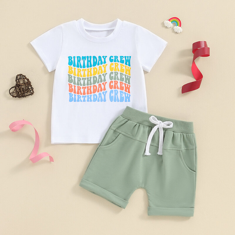 Conjunto de camiseta de manga curta e shorts elásticos com estampa infantil infantil, roupas de aniversário para meninos, roupas de verão, 23-12-18, 2023
