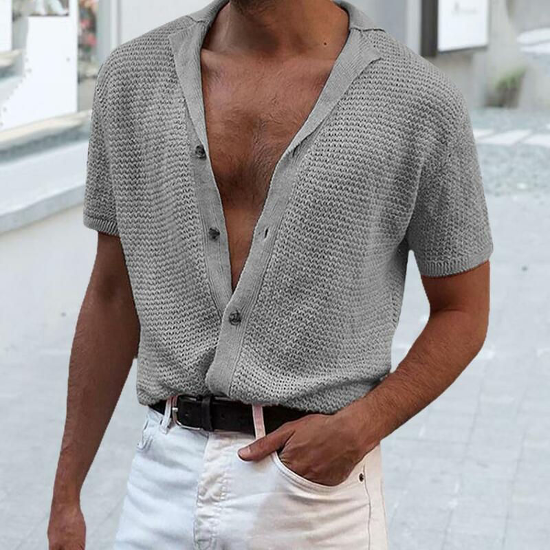 Men T-shirt Solid Color Cardigan Short Sleeve Turn-down Collar Knitted Loose Type Single-breasted Men Tops Daily Clothing