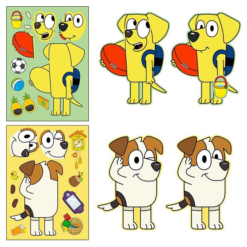 6 sztuk/zestaw Bluey Anime kreskówka pies Puzzle naklejki słodkie dzieci DIY kolorowe Puzzle edukacyjne naklejki dla dzieci zabawki prezenty