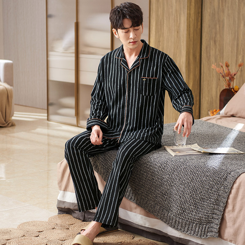 Осенняя модель, Модная хлопковая Мужская пижама в полоску, кардиган из двух предметов, рубашки + брюки, ночная рубашка, большие размеры 3XL, одежда для сна