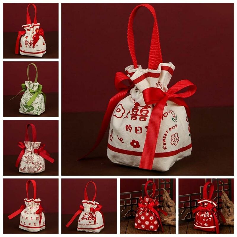Letter Canvas Drawstring Bag Korean Style Large Capacity Festive Sugar Bag Floral Bucket Bag Small Flower Wrist Bag