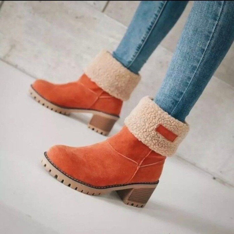 2024Women Winter Snow Warm Padded Fur Short Ankle Boots Insulated Fluffy Shoe Red  Booties High Barrel Low Heel Big Size