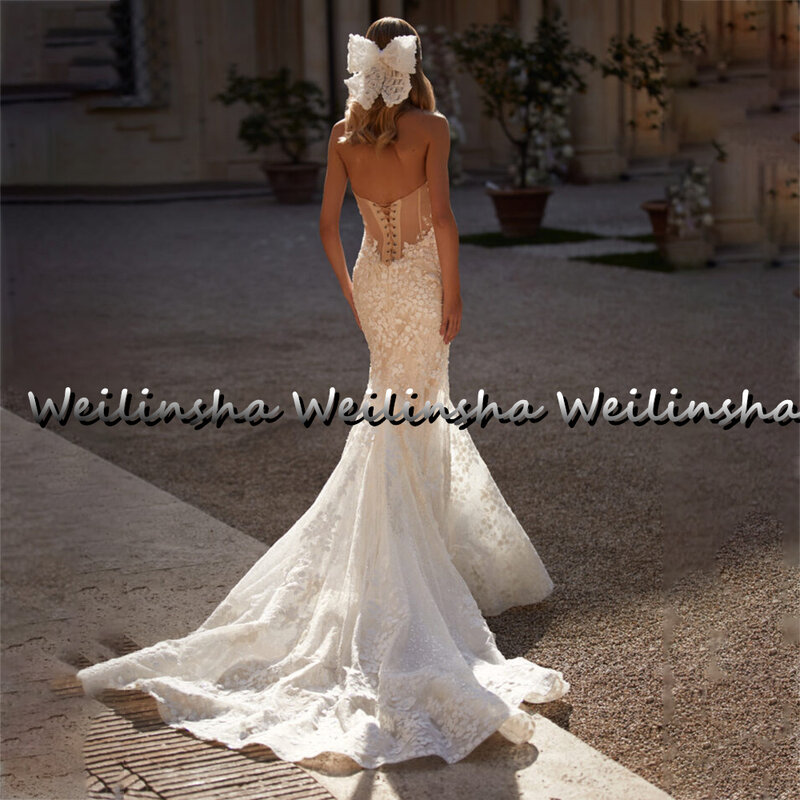 Weilinsha 2022 Boho Wedding Dresses Mesmerizing Sweep Train Sleeveless Ivory Mermaid  Gowns Nude Lace Up Back