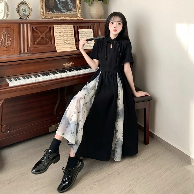 Modern Chinese Style New Chinese Ink Painting Splicing Mid Length Vintage Dress Oversized Elegant Chinese-traditional-dress