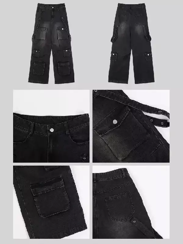 Y2K эмо, корейские женские черные винтажные джинсы в уличном стиле, прямые брюки с карманами, джинсовая одежда большого размера с широкими штанинами