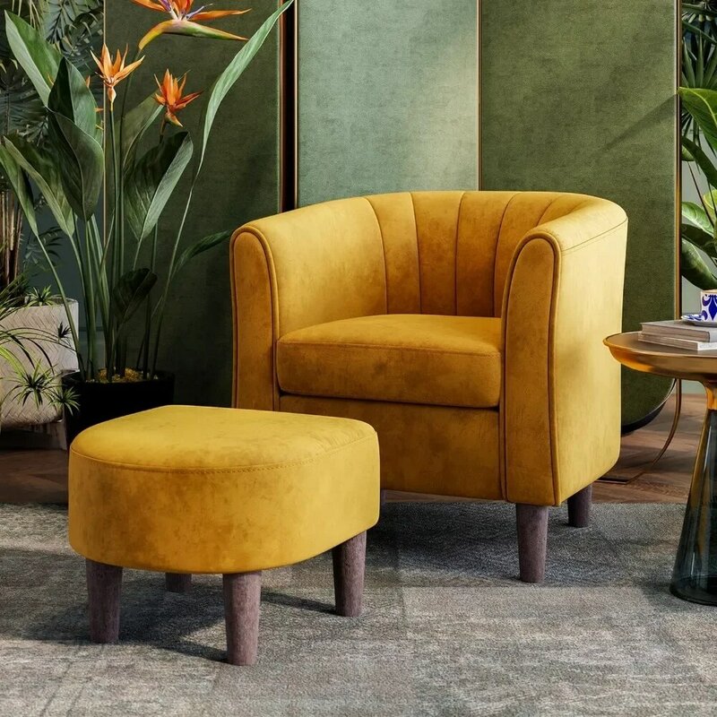 Velvet Accent Living Room Chair, Comfortable Armchair,Reading Chair with Ottoman, Living Room Round Armchair, Bedroom, Yellow