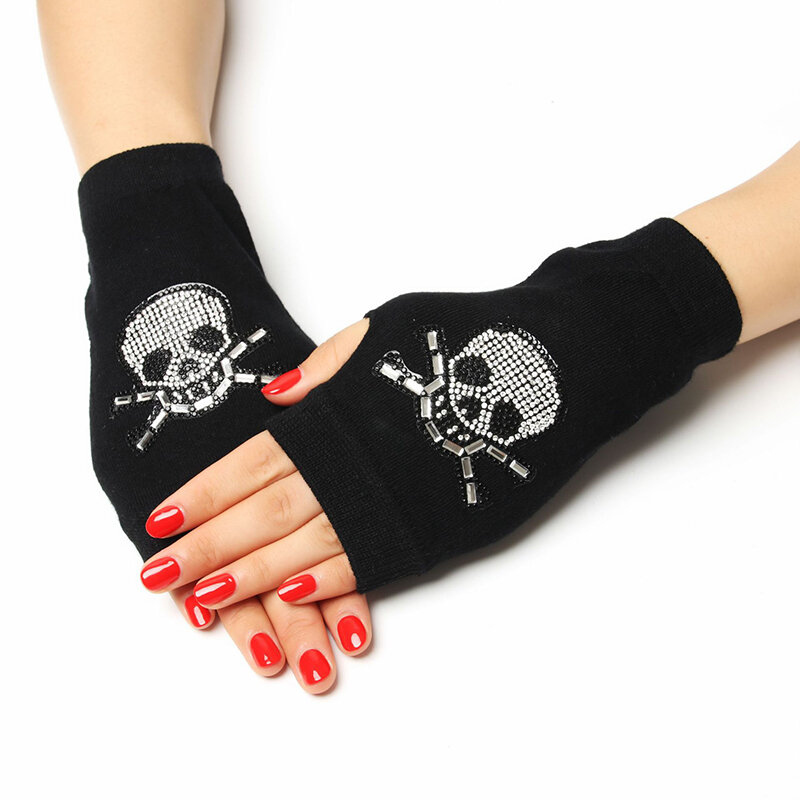 Mitaine d'hiver à rivets pour femmes, 1 paire de gants de danse chauds tricotés sans doigts avec diamants, style gothique Punk noir, à la mode, T155