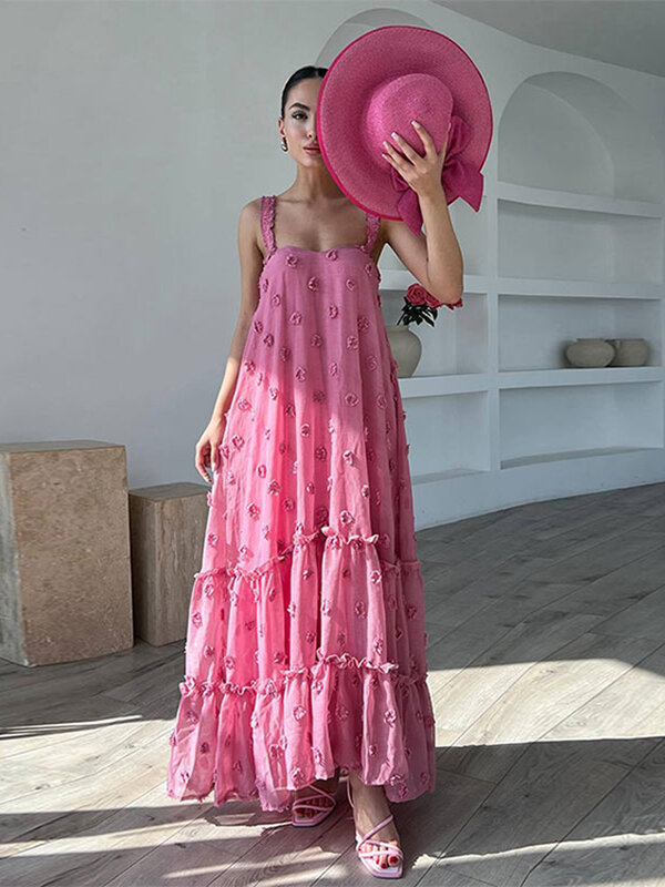 Женское длинное платье с лямкой на шее, элегантное свободное вечернее платье без рукавов с 3d цветами, лето 2024