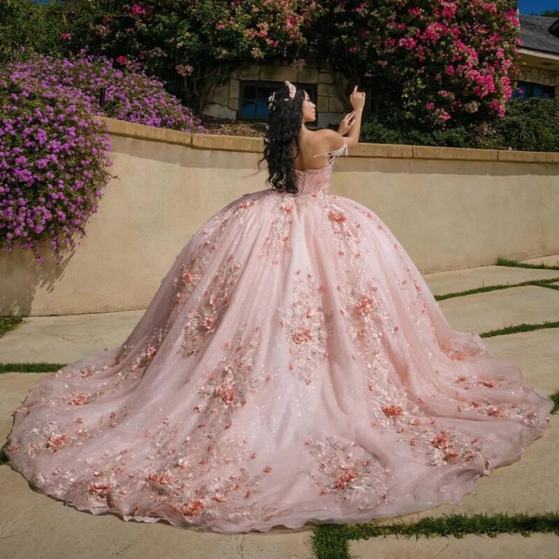Squisito fiore 3D Quinceanrra abiti da ballo paillettes lucide perline principessa lungo rosa con spalle scoperte dolce 16 abiti