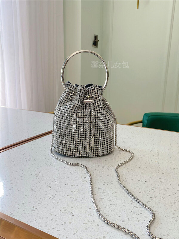 Blingbling Luxury Rhinestone Women Handbag New Fashion Full Diamond Chain Bucket Bag Cylinder Bag for Business Party