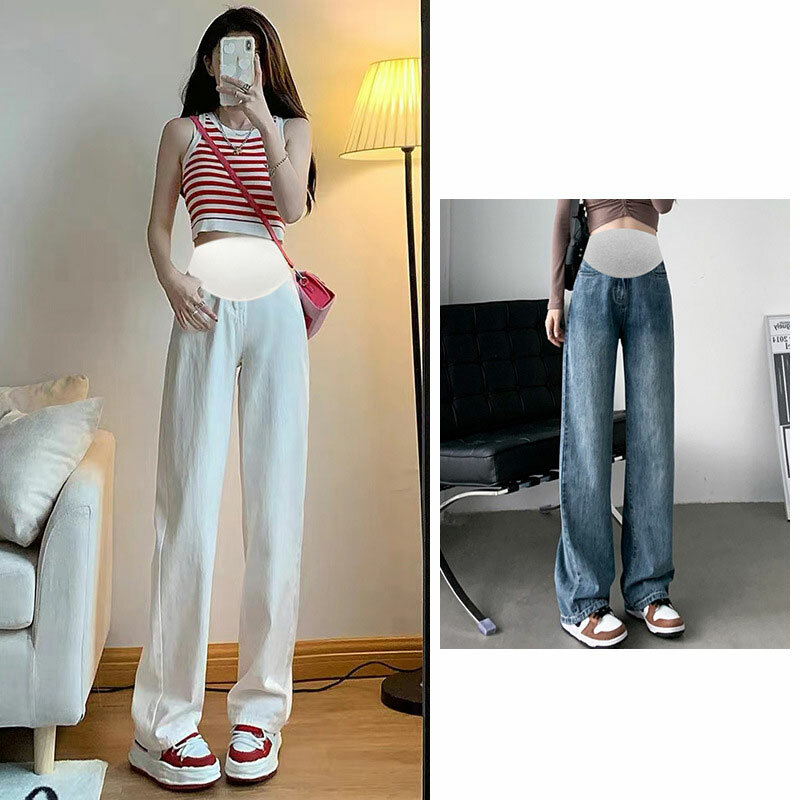 Nowe modne luźne, proste nogawki z wysokim stanem damskie spodnie dżinsowe letnie w rozmiarze Plus jeansy ciążowe z szerokimi nogawkami spodnie