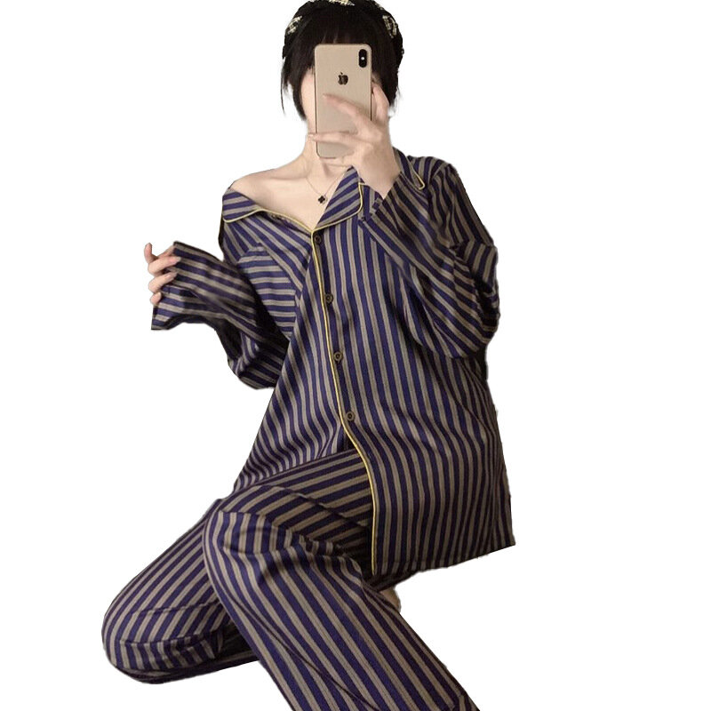 Пижамный комплект Женский из 2 предметов, одежда для сна в полоску, штаны, пижама на пуговицах, с длинным рукавом, домашняя одежда, весна-лето-осень