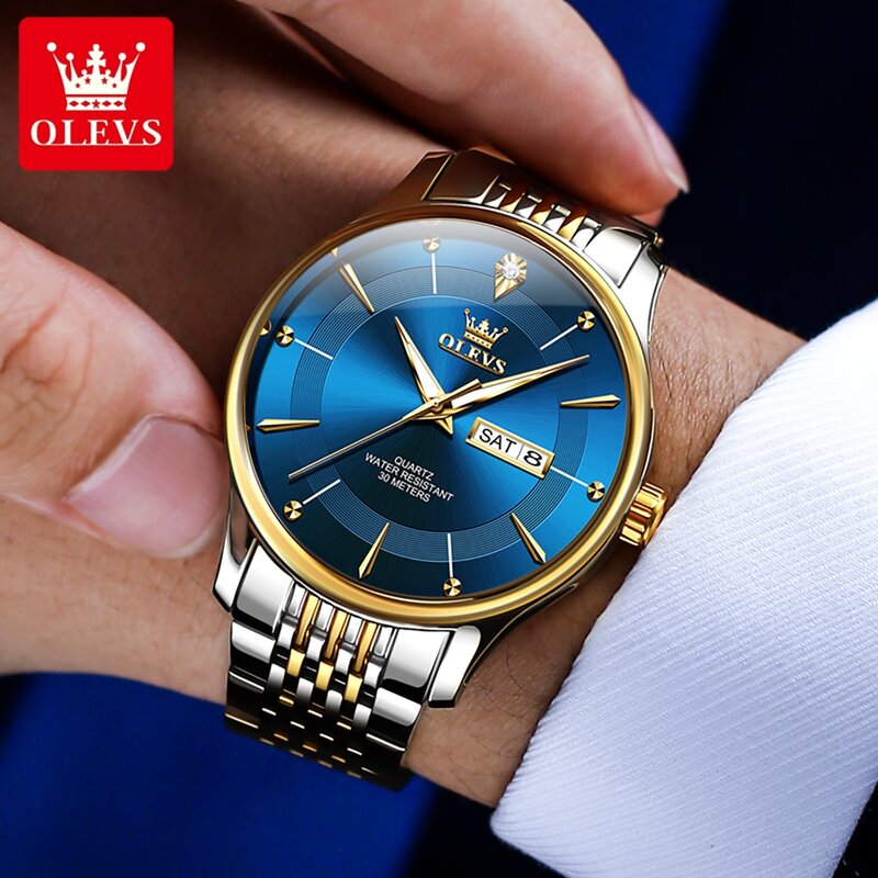 OLEVS 브랜드 패션 블루 쿼츠 시계, 스테인레스 스틸, 방수, 발광 주 날짜, 비즈니스 남성 시계