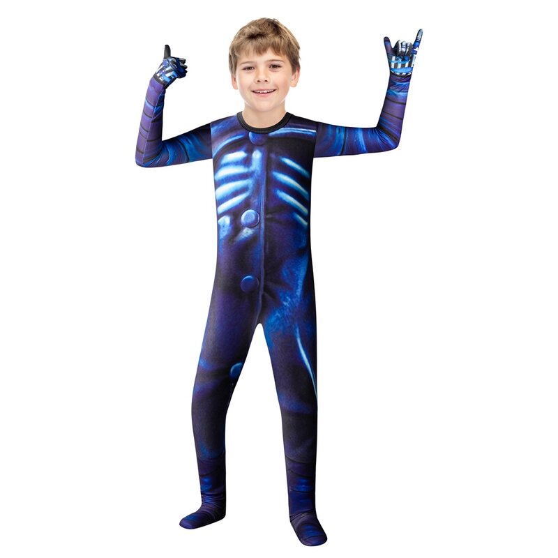 Kids Scary Halloween Costume Glow in The Dark Skeleton Costume for Boys Jumpsuit Blue Skeleton Costume for Child