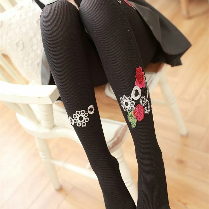 Women Sexy Pantyhose Tights Rhinestones Opaque Embroidery Flowers Party Dress Style Lace Panty Transparent Silk Stockings Female