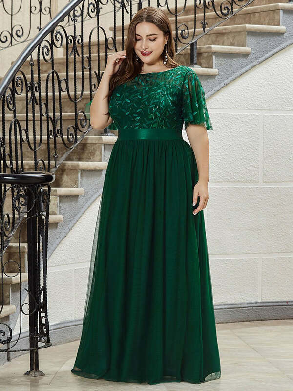 Eleganckie suknie wieczorowe z okrągłym dekoltem cekiny tiul nadruk o długości podłogi 2024 nowy, ładny rękaw Plus rozmiar sukienka na studniówkę dla kobiet
