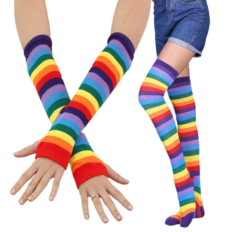 Set di calzini sopra il ginocchio a righe calze da donna calze lunghe calze da braccio calze al ginocchio calde guanti Cosplay di natale Casual