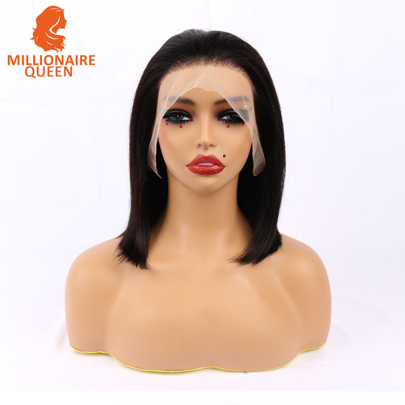 Millionaire Queen Natural Black Bob Hair Wig Density 180 Human Hair Ready To Wear Straight Transprent 13x4 Lace Frontal Wigs